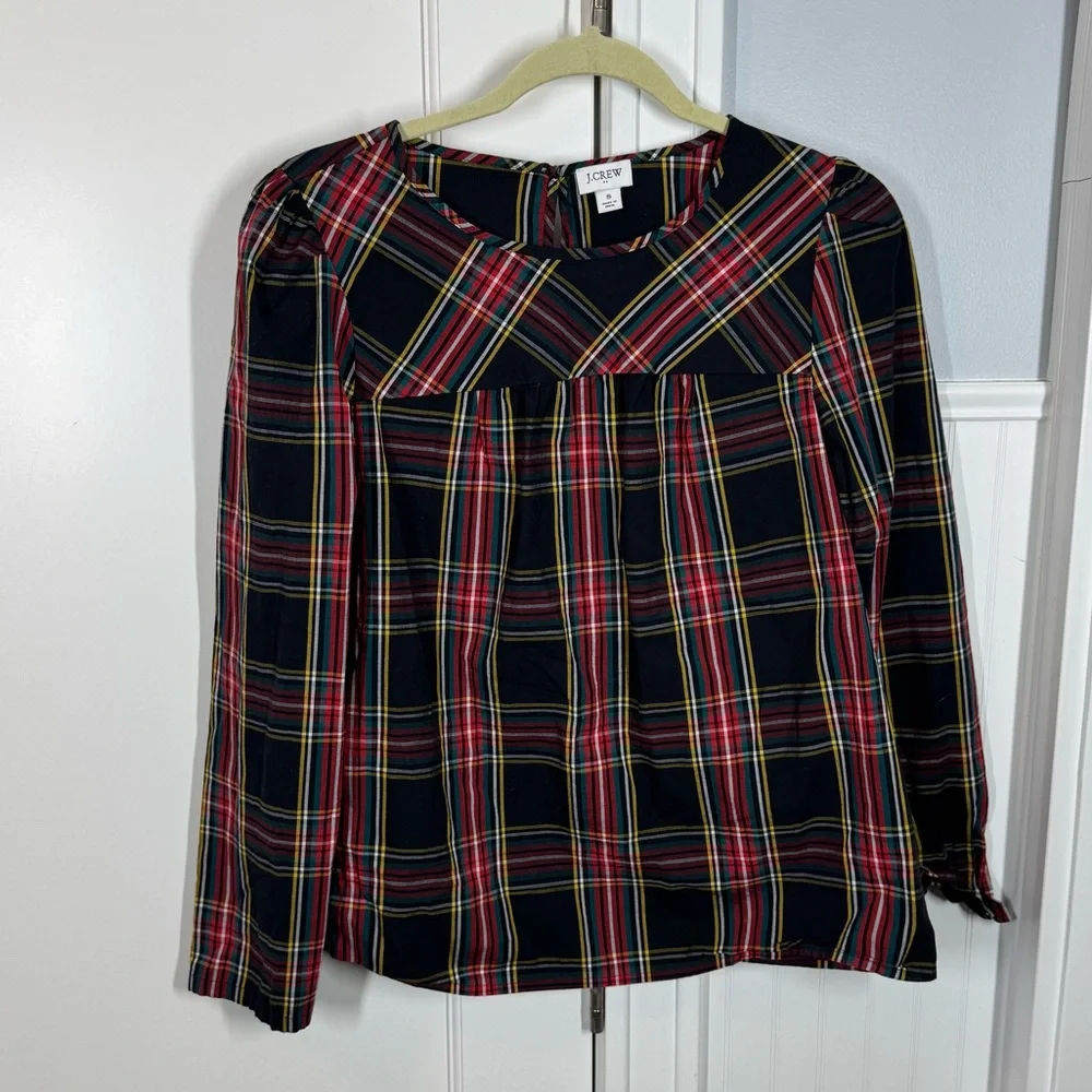 J. Crew Tartan Plaid Puff-Sleeve Top‎ in Stretch Poplin Medium Red Black small